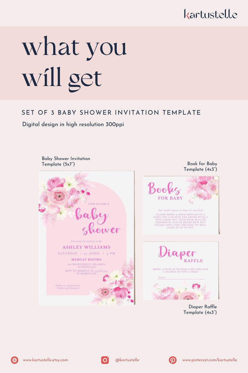 Blush Pink Floral Baby Shower Invitation Set Template, Pastel Pink Baby