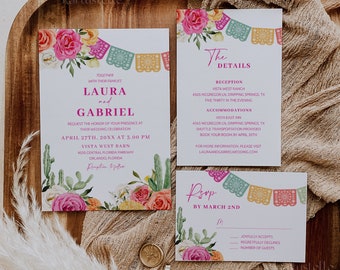 Fiesta wedding invitation set template, Mexican wedding invitations, cactus pink orange floral wedding suite, colorful vibrant 0246