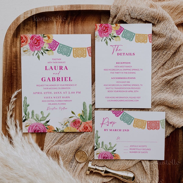 Fiesta wedding invitation set template, Mexican wedding invitations, cactus pink orange floral wedding suite, colorful vibrant 0246