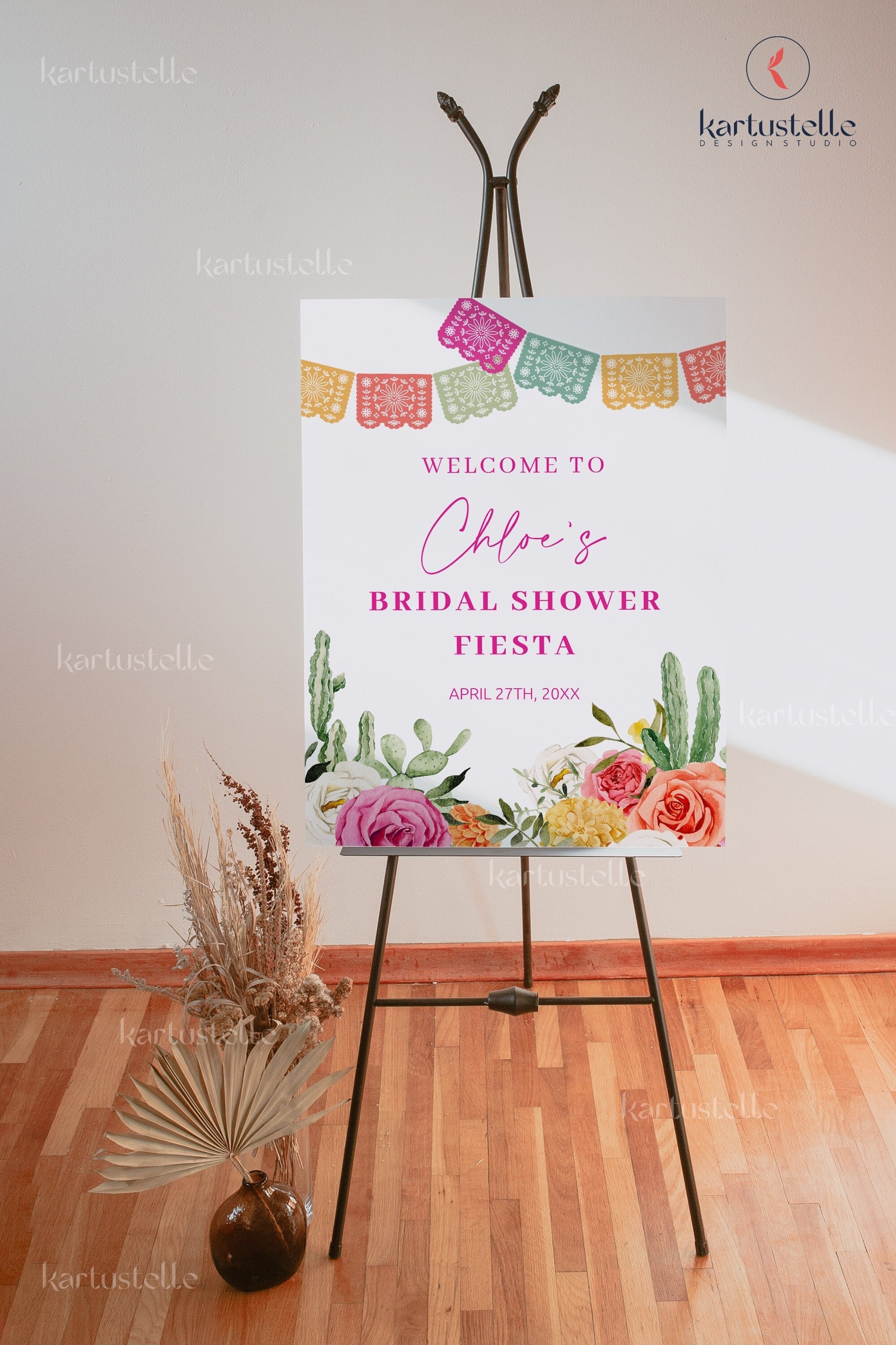 Fiesta bridal shower welcome sign template, Mexican bridal shower poster, cactus hot pink orange floral bright colorful vibrant floral 0246
