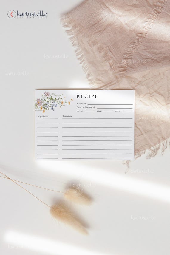 Elegant delicate floral recipe card template wildflower bridal shower recipe cards spring summer dainty wild meadow pink blue 0321