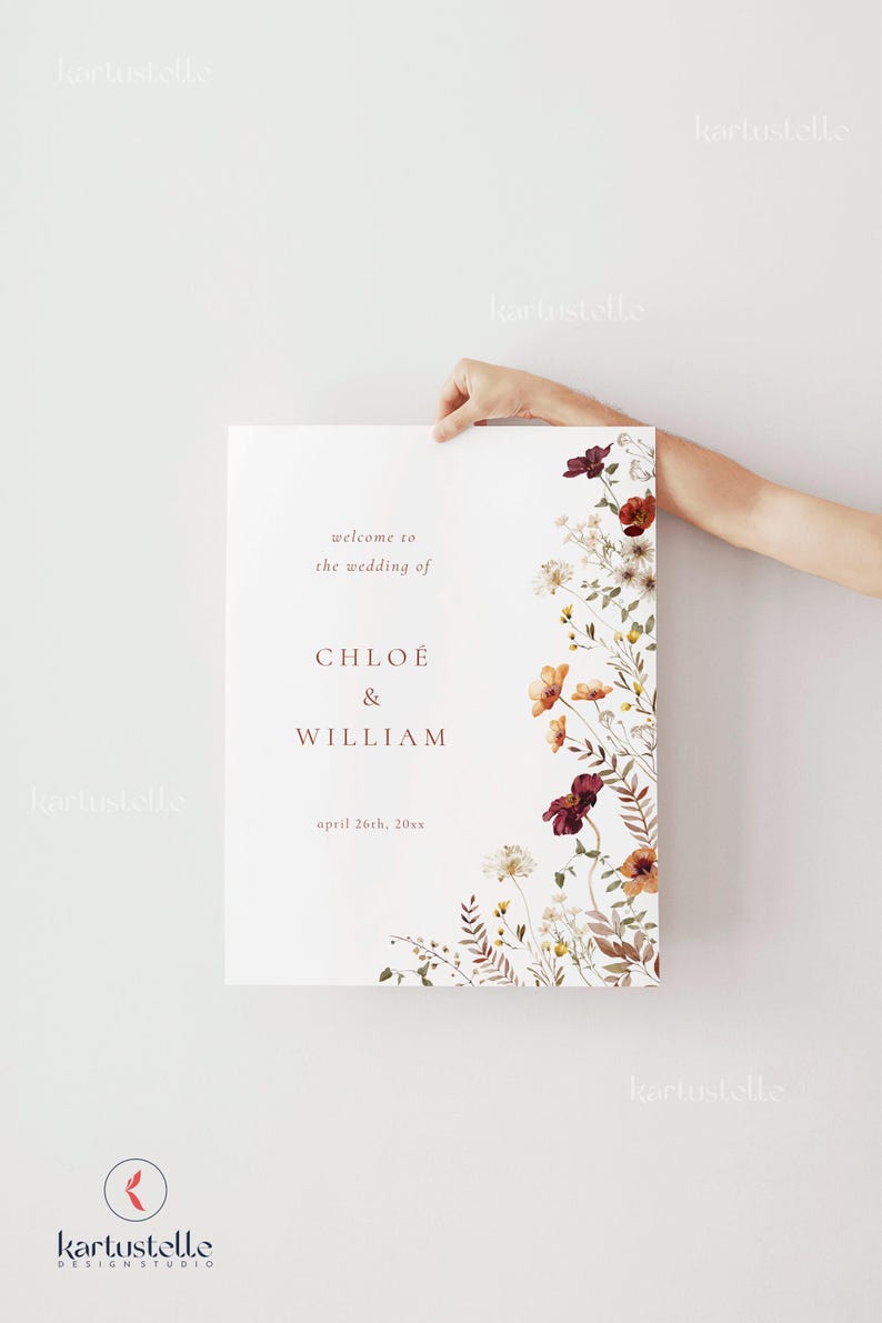 May include: A wedding announcement with a floral design. The announcement says "Welcome to the wedding of Chloe & William, April 26th, 20xx".