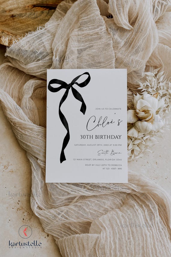 Black bow birthday invitation any age, coquette black bow invitation template, printable minimalist black ribbon birthday party invite 0328