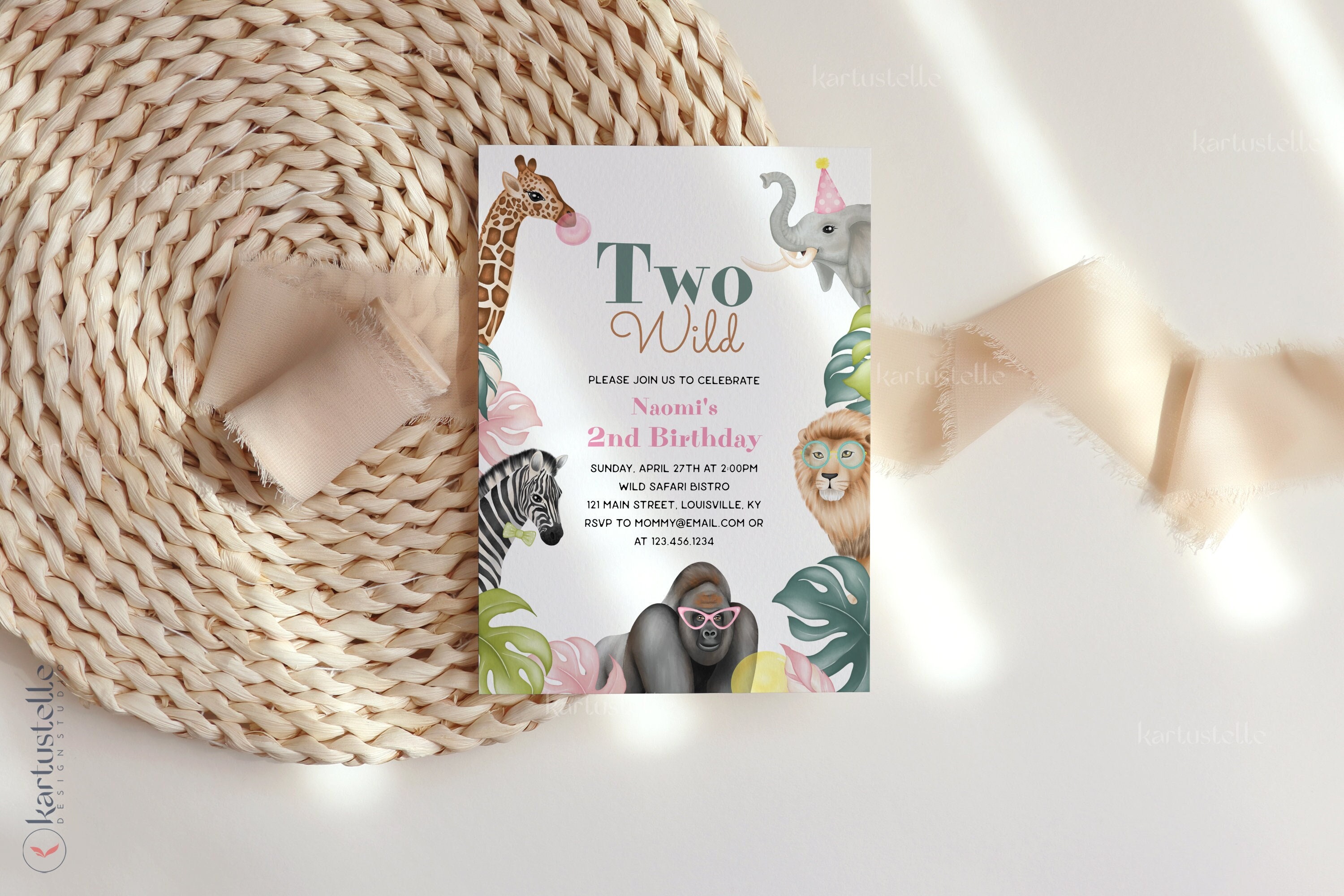 Two wild birthday party invitation template girl safari 2nd birthday invites boho animals jungle birthday safari animals birthday 0275