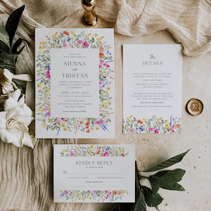 Colorful floral wedding invitation set template, wildflower wedding suite, spring garden wedding invitations pink yellow orange blue 0242