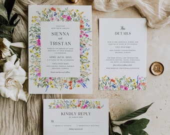 Colorful floral wedding invitation set template, wildflower wedding suite, spring garden wedding invitations pink yellow orange blue 0242