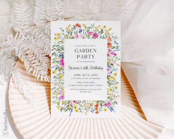 Colorful floral birthday party invitation template wildflower birthday invitations spring garden party invites pink yellow orange blue 0242