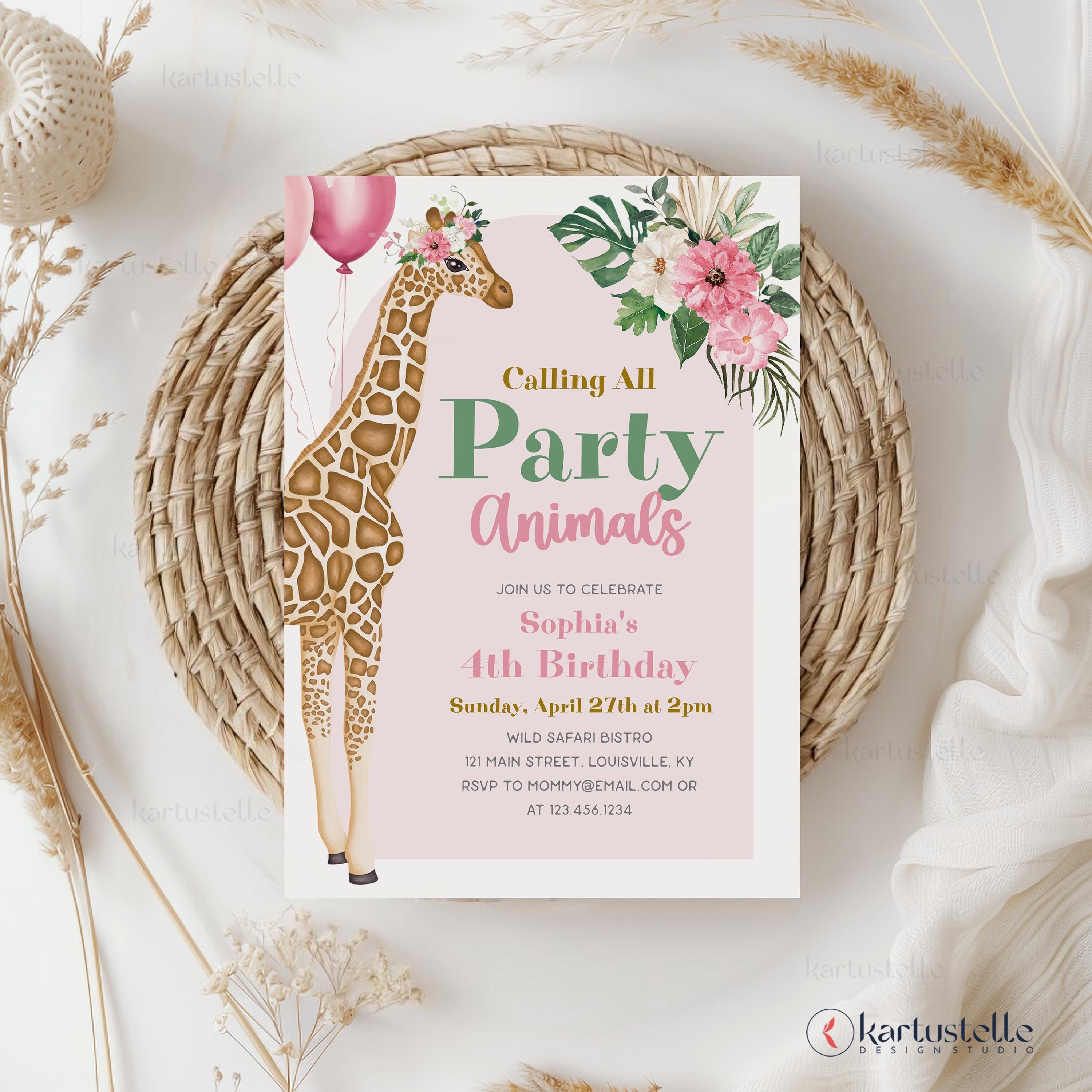 Pink safari birthday invitation template calling all party animals girl birthday party invites jungle boho blush pink floral any age 0315