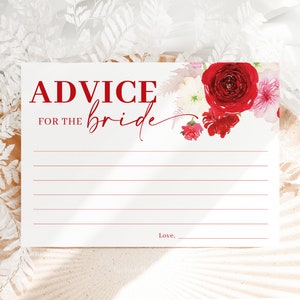 Red floral advice card template, red and pink floral bridal shower advice cards, red roses advice for the bride heart valentine 0225