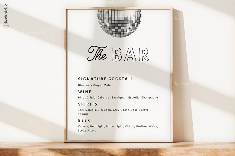 Disco Bar Menu Wedding Retro Bar Menu Sign Disco Ball Bar Etsy