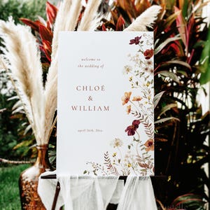 Autumn wildflower welcome sign template fall wedding welcome sign fall wildflower welcome wedding sign orange red fall floral boho 0293