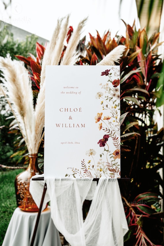 Autumn wildflower welcome sign template fall wedding welcome sign fall wildflower welcome wedding sign orange red fall floral boho 0293