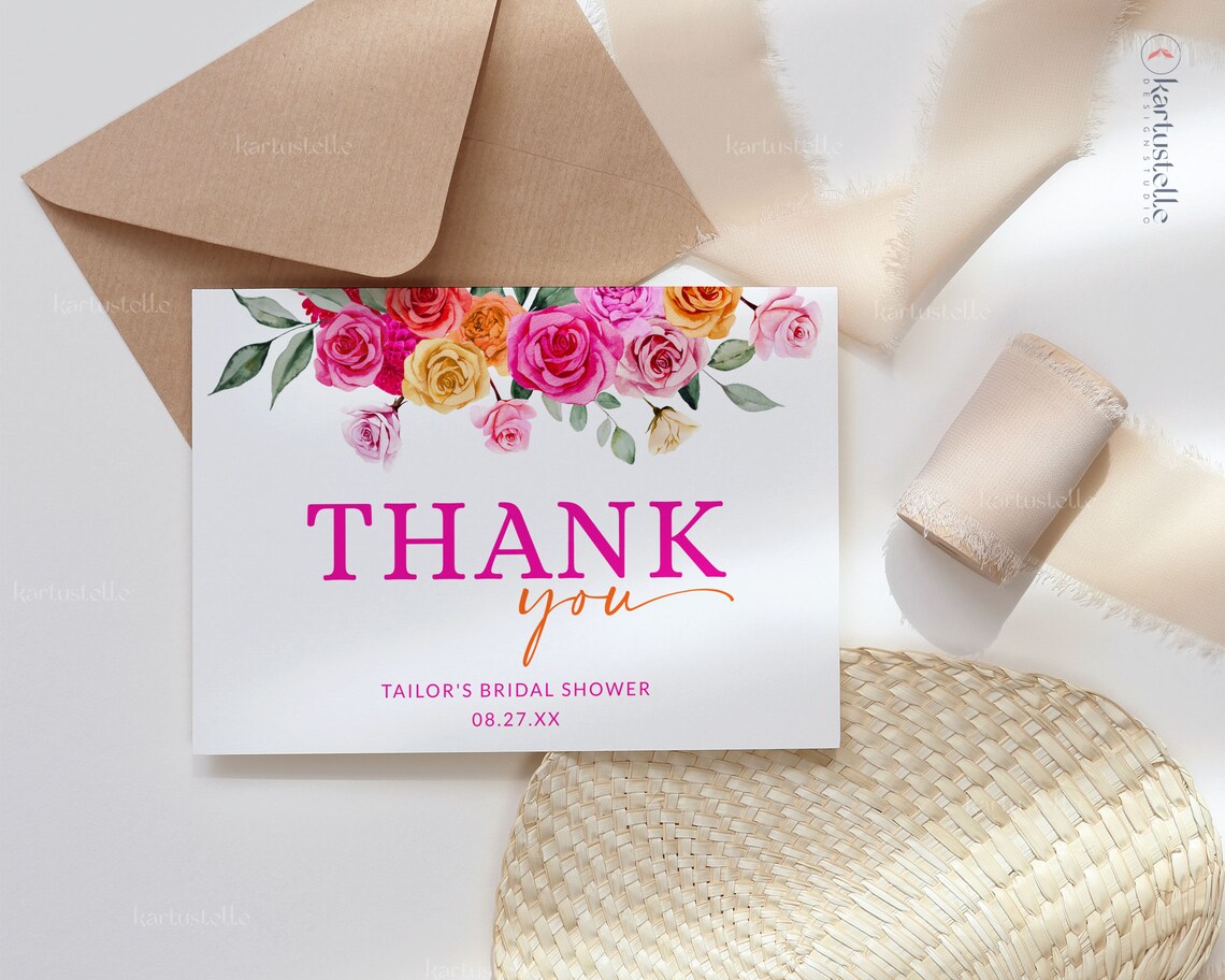 Pink Orange Bridal Shower Thank You Card Template Hot Pink Floral Thank ...