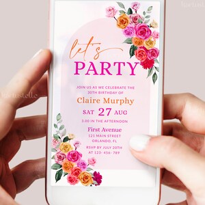 May include: A pink and white digital invitation with a floral border. The text reads "Let's Party" in a pink font. The invitation is for Claire Murphy's 30th birthday party on Saturday, August 27th at 3:00 PM. The party will be held at First Avenue, 121 Main Street, Orlando, FL. RSVP by July 20th at 123-456-789.