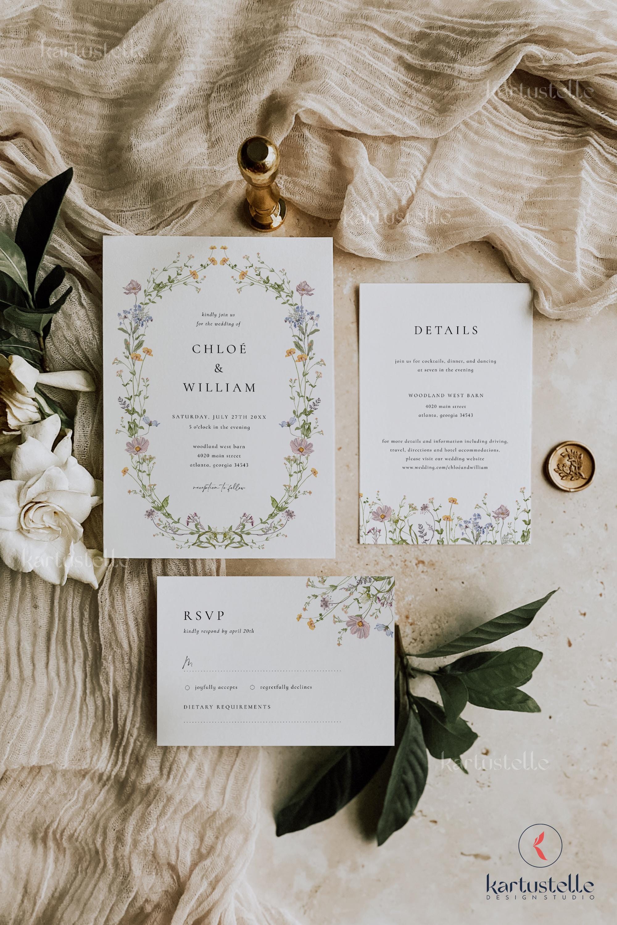 Elegant delicate floral wedding invitation set template wildflower wedding suite spring summer dainty flowers wild meadow pink blue 0321