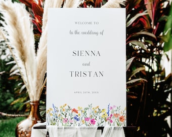 Colorful floral wedding welcome sign template, wildflower welcome sign, spring garden welcome wedding sign pink yellow orange blue 0242