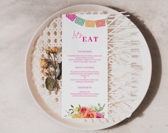 Fiesta wedding menu template, Mexican wedding menu cards, cactus bridal shower menu hot pink orange floral colorful vibrant floral 0246