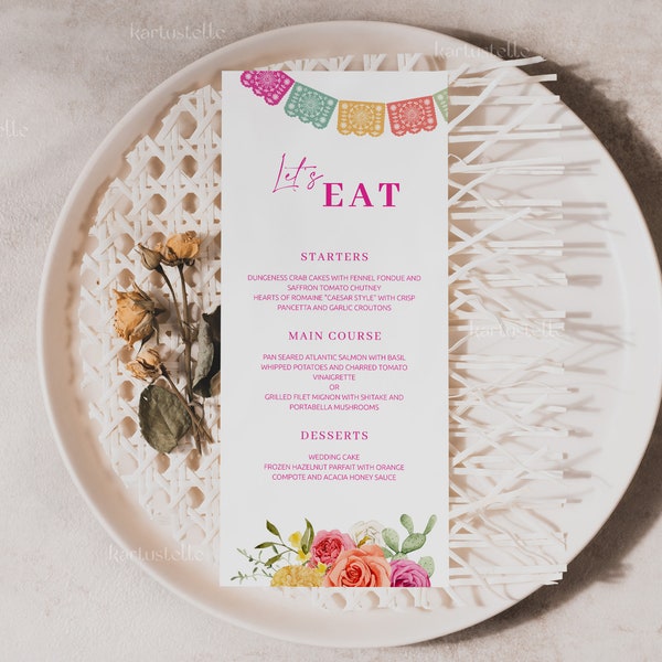 Fiesta wedding menu template, Mexican wedding menu cards, cactus bridal shower menu hot pink orange floral colorful vibrant floral 0246