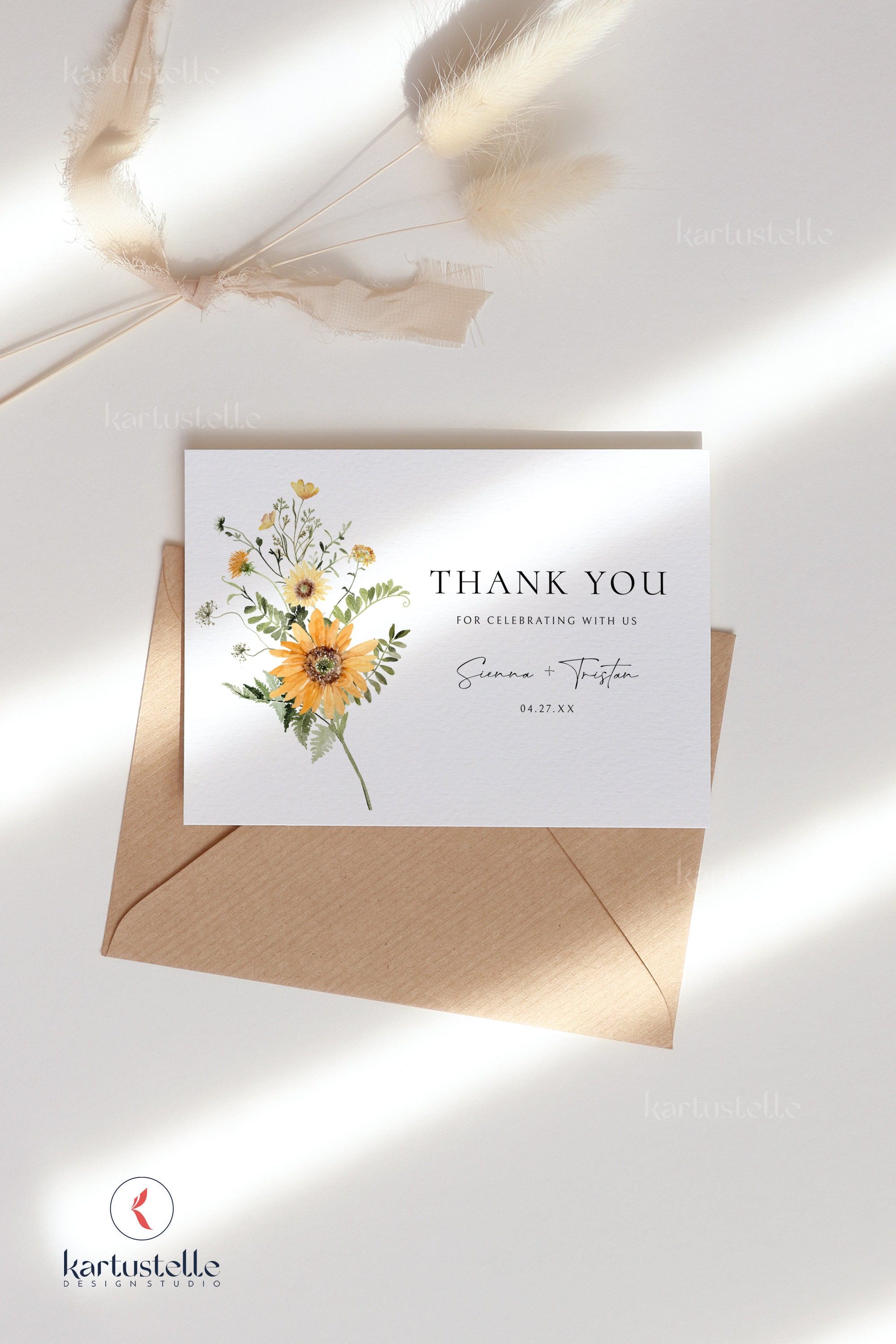 Sunflower Wedding Thank You Card Template Yellow Floral Shower Thank ...