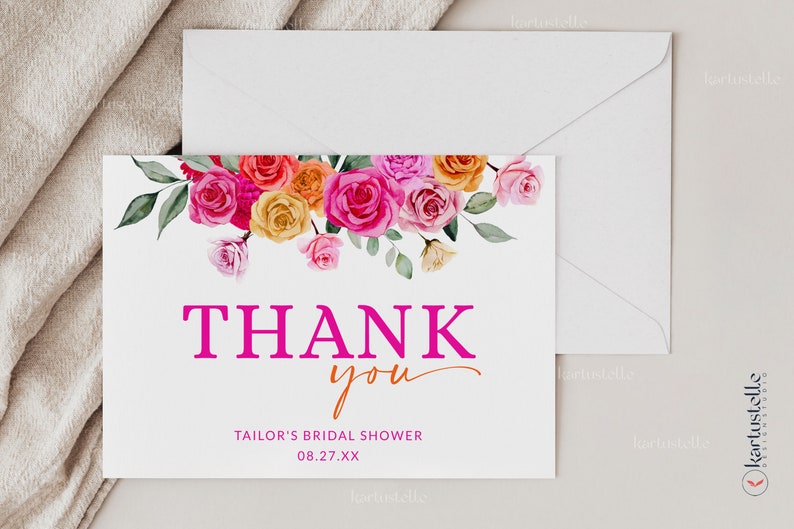 Pink Orange Bridal Shower Thank You Card Template Hot Pink Floral Thank