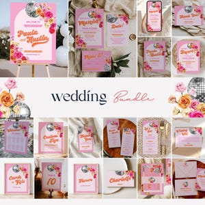 Könnte beinhalten: Ein Hochzeitskarten-Set in rosa und orange Tönen. Das Design beinhaltet eine Discokugel und florale Elemente. Der Text auf den Karten lautet "Willkommen zur Hochzeit von Paula und Justin", "Verheiratet", "Deeds!" und "Danke".