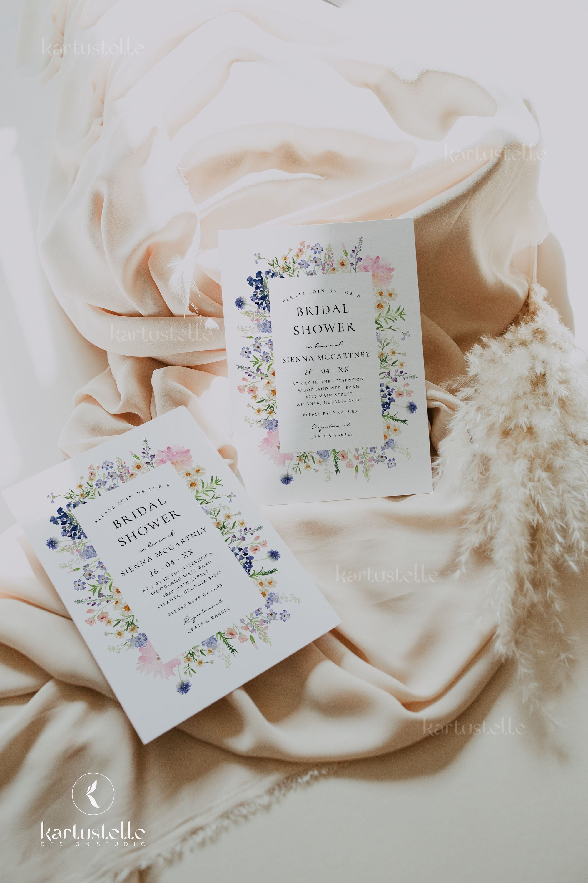 Pink blue wildflowers bridal shower invitation template pastel wild flower bridal shower invitation purple lilac summer spring garden 0271