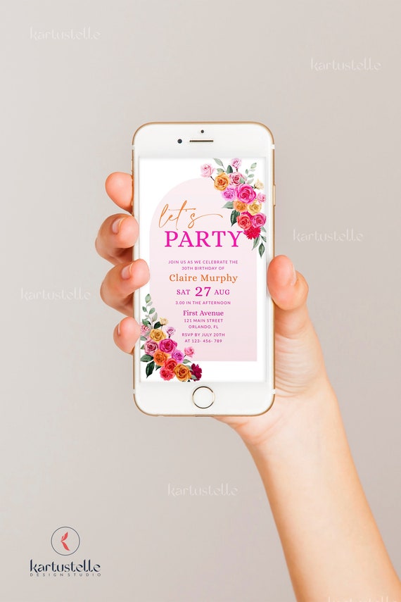 Pink orange birthday party invitation template phone invite hot pink floral birthday invitations digital invitations colorful roses 0268
