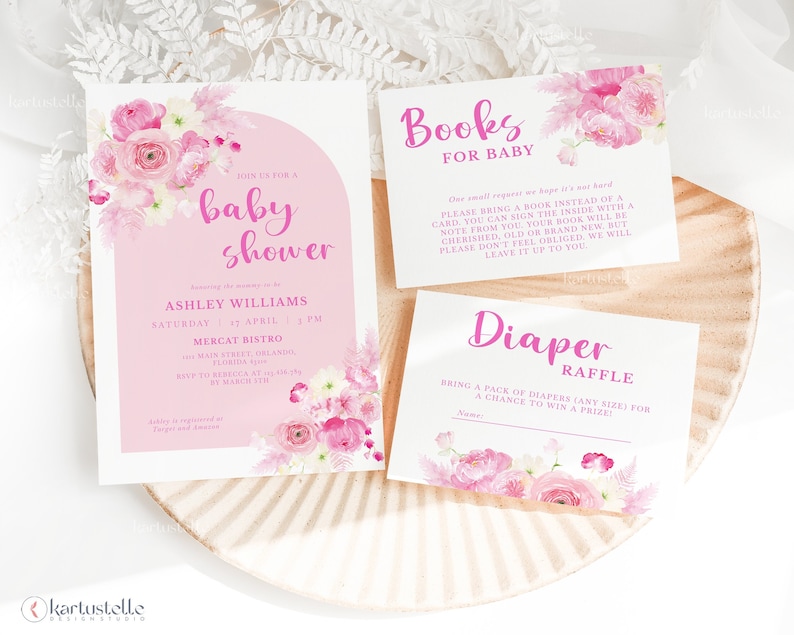 Blush Pink Floral Baby Shower Invitation Set Template, Pastel Pink Baby