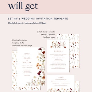 May include: Set of three wedding invitation templates with floral designs. The main invitation is 5x7 inches, the details card is 4x6 inches, and the RSVP card is 5x3.5 inches. Each card has a white background with a floral border and text in black and gold.
