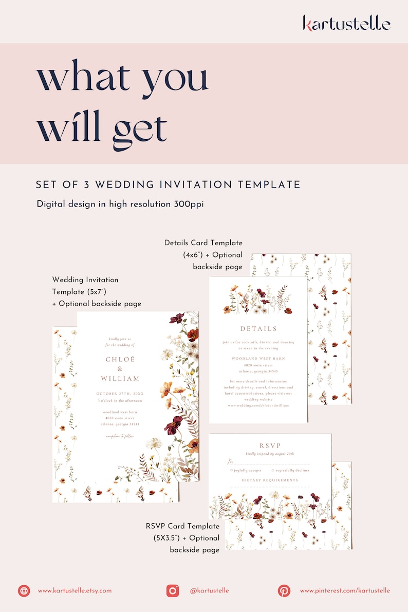 May include: Set of three wedding invitation templates with floral designs. The main invitation is 5x7 inches, the details card is 4x6 inches, and the RSVP card is 5x3.5 inches. Each card has a white background with a floral border and text in black and gold.