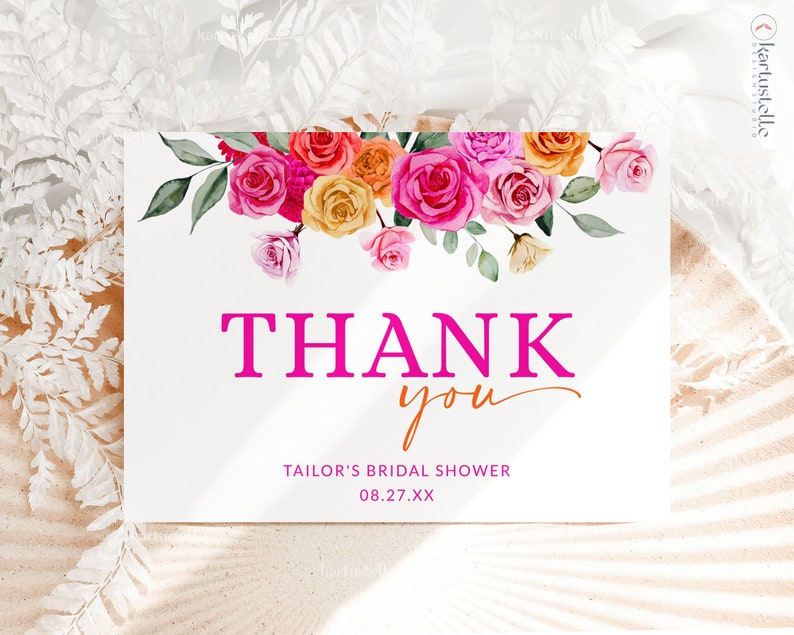 Pink Orange Bridal Shower Thank You Card Template Hot Pink Floral Thank