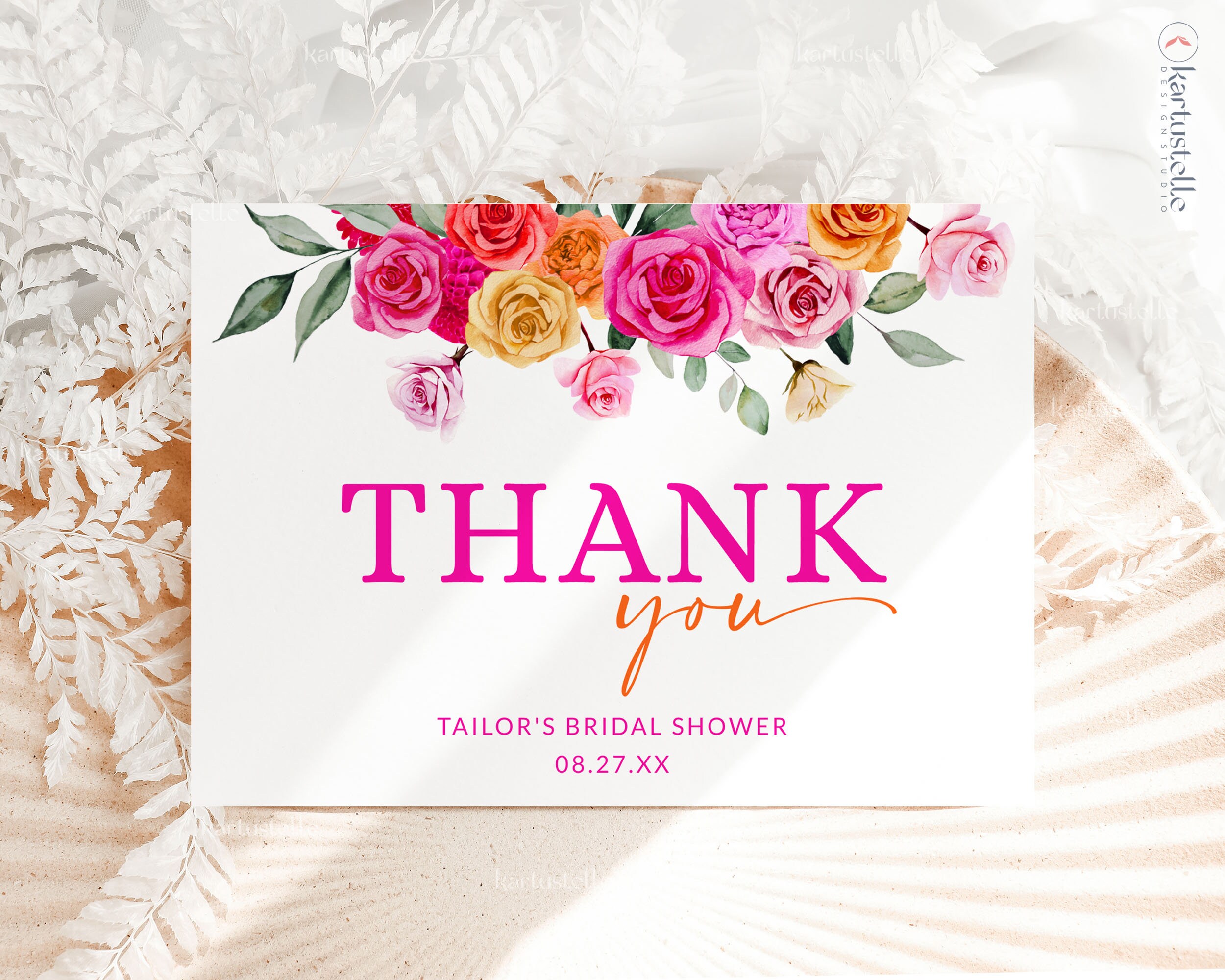 Pink Orange Bridal Shower Thank You Card Template Hot Pink Floral Thank ...