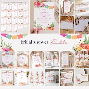 May include: A bridal shower bundle with a fiesta theme. The bundle includes a variety of printable items, such as invitations, games, signs, and decorations. The items feature a floral design with cacti and colorful paper flags. The text on the invitation reads "Chlor's Bridal Shower Fiesta March 27th 20XX at 3:00 PM"