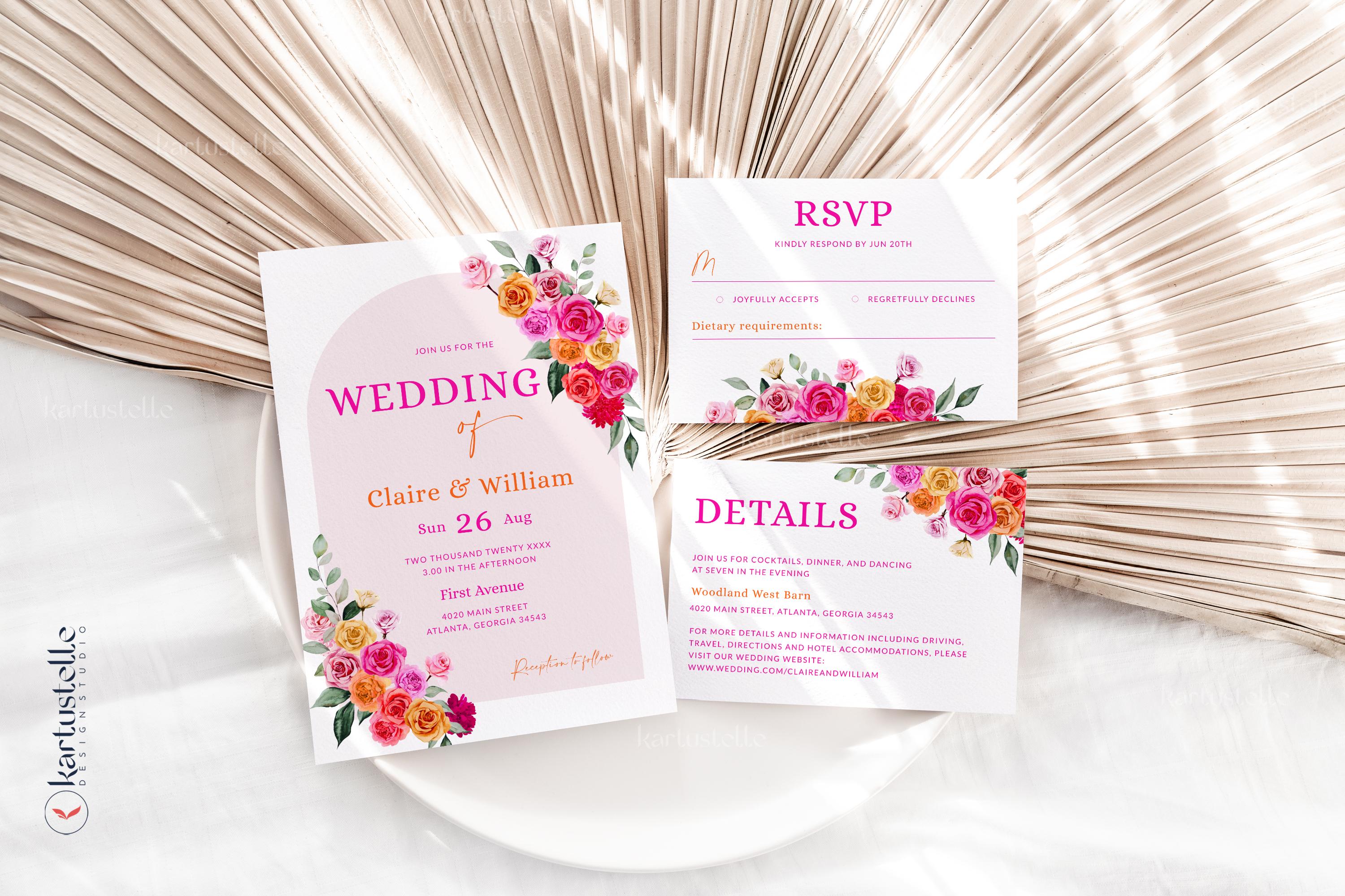 Pink Orange Wedding Invitation Set Template Hot Pink Floral