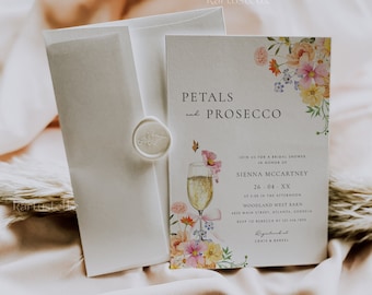 Petals and prosecco bridal shower invitation template colorful floral bridal brunch invite bridal shower brunch bow pink orange yellow 0289