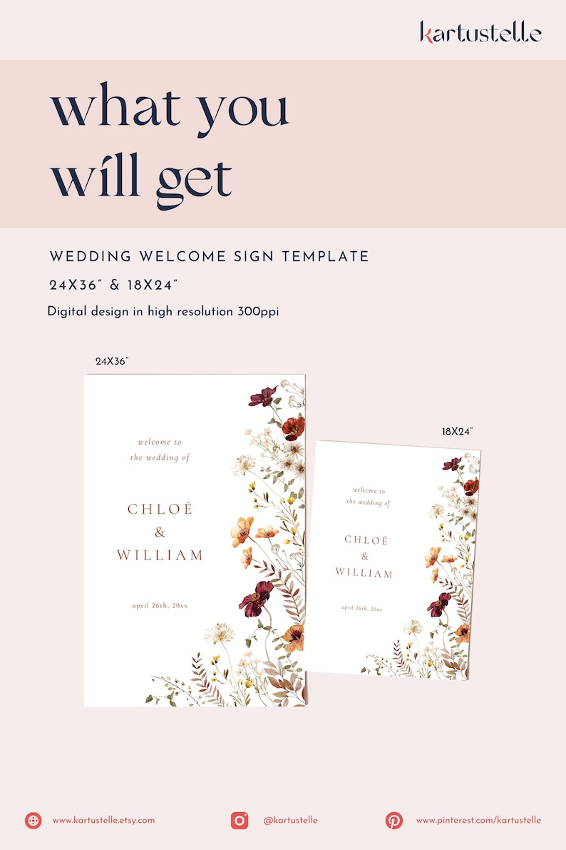 May include: Wedding welcome sign template with a floral design in shades of red, orange, and white. The sign is available in two sizes: 24x36 inches and 18x24 inches. The text on the sign reads "Welcome to the wedding of Chloe & William, April 26th, 20xx".