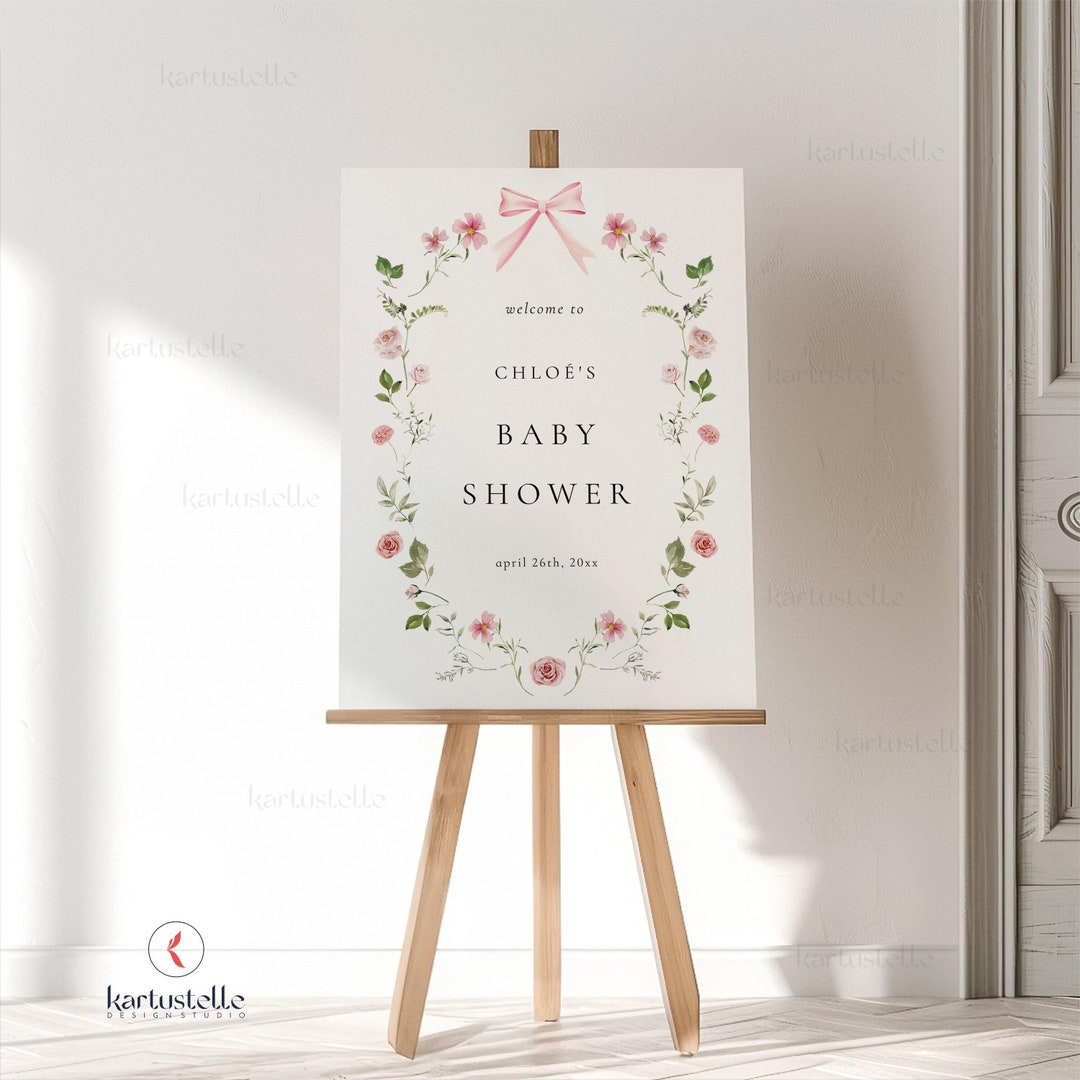Pink Floral Bow Baby Shower Welcome Sign Pastel Pink Floral Baby Shower ...