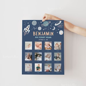 Outer space first year photo collage template planet galaxy baby first year 12 months photo astronaut sun moon star solar system boy 0240