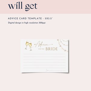 May include: A printable advice card template for a bride. The card features a watercolor illustration of two champagne flutes and a pearl garland. The text on the card reads "Advice for the Bride".