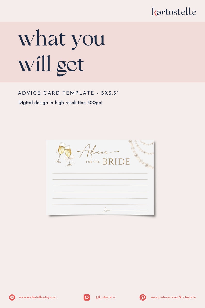 May include: A printable advice card template for a bride. The card features a watercolor illustration of two champagne flutes and a pearl garland. The text on the card reads "Advice for the Bride".