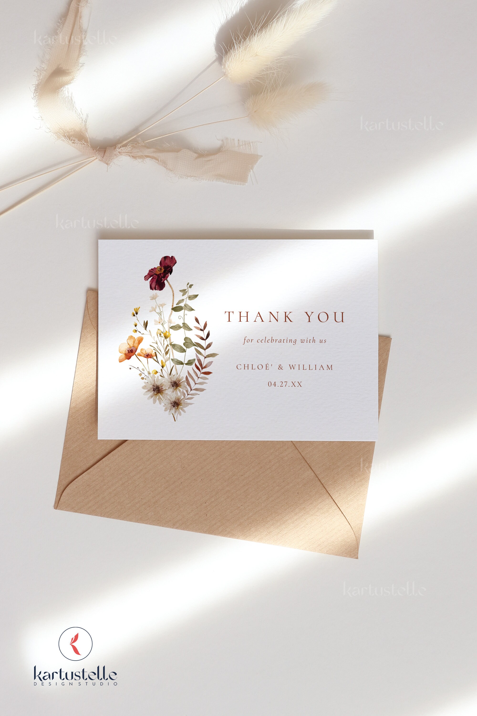 Autumn Wildflower Wedding Thank You Card Template Fall Thank You Cards ...