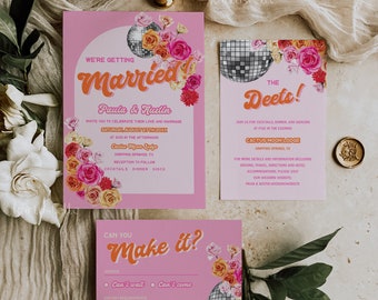 Disco wedding invitation template bold retro hot pink wedding invitations red pink orange floral wedding invitation set disco ball 0267