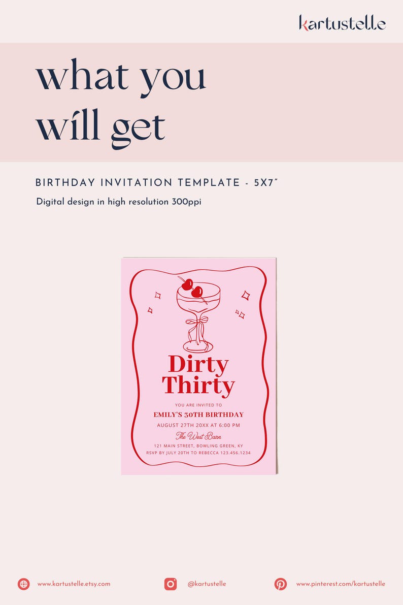 Puede incluir: Plantilla de invitaci&oacute;n de cumplea&ntilde;os rosa con un contorno rojo y un gr&aacute;fico de c&oacute;ctel. El texto dice "Dirty Thirty" e incluye los detalles del evento: el 30 cumplea&ntilde;os de Emily, la fecha, la hora y el lugar. El dise&ntilde;o es de 12,7 x 17,8 cm.