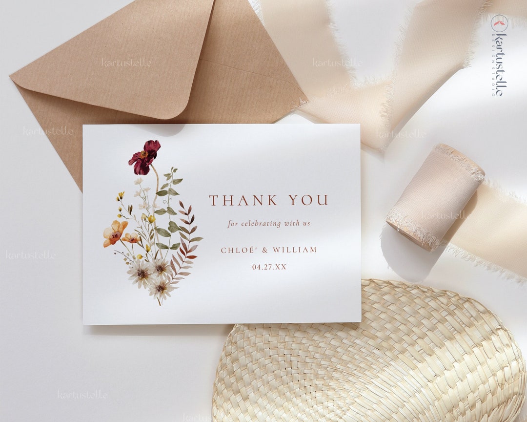 Autumn Wildflower Wedding Thank You Card Template Fall Thank You Cards ...