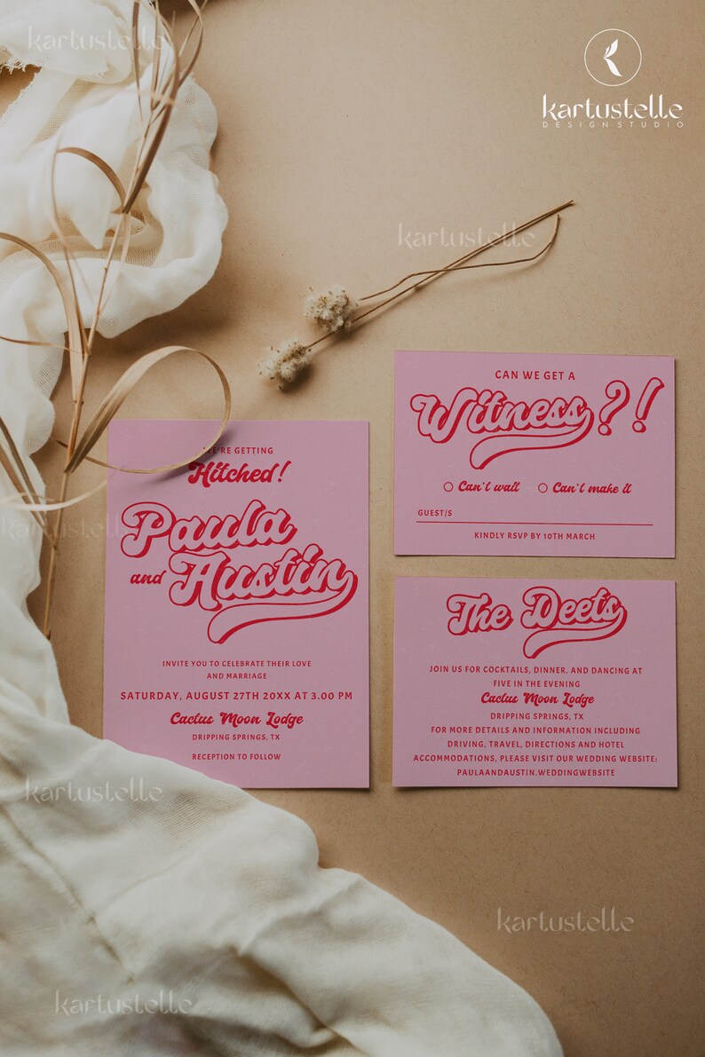 May include: Pink and red wedding invitation with the text "Hitched! Paula and Austin" in a retro font. The invitation includes the date, time, and location of the wedding ceremony and reception at Cactus Moon Lodge in Dripping Springs, Texas. A separate pink and red card with the text "Can we get a Witness?!" includes options for guests to RSVP.