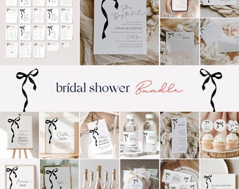 May include: A collection of bridal shower stationery and decor items. The design features a black ribbon motif on invitations, games, signs, and other elements. The bundle includes cards, signs, water bottle labels, and cupcake toppers.