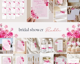 May include: A bridal shower bundle with pink floral designs. The bundle includes invitations, games, signs, favors, and decorations. The text on the invitation reads "Bridal Shower" and "Sienna Mccartney".