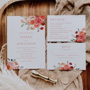 Peach floral wedding invitation set template coral wedding invitation suite peachy florals pink orange blush rose peach fuzz bright 0283