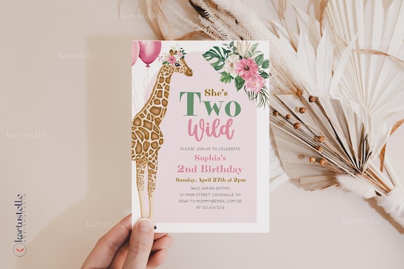 Two wild birthday invitation template girl safari 2nd birthday party invites boho animals jungle giraffe birthday blush pink floral 0315