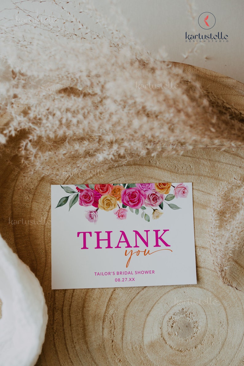 Pink Orange Bridal Shower Thank You Card Template Hot Pink Floral Thank